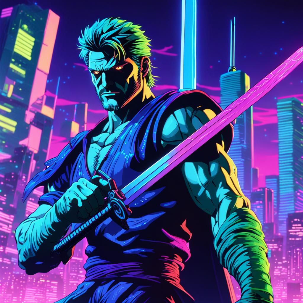 Zoro Draws Sword in Synthwave Neon Retro Style