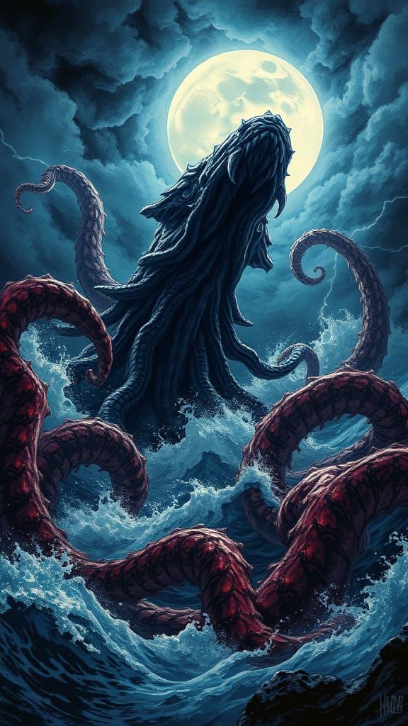Majestic Kraken Emerges from Turbulent Ocean in Dark, Haunti...