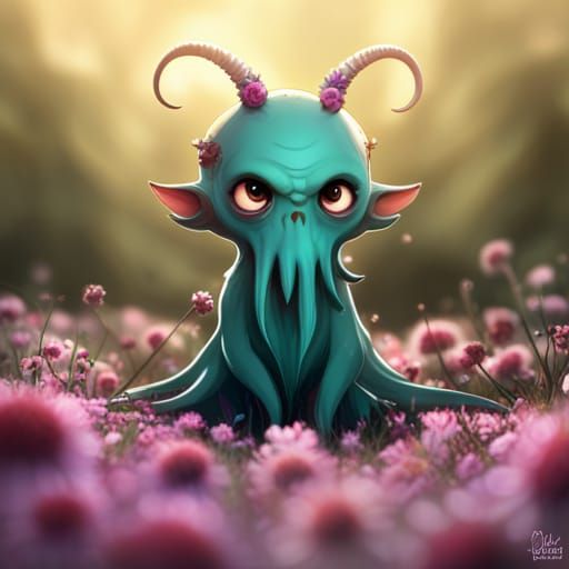 Cute Chibi Cthulhu in Desiccated Flower Field