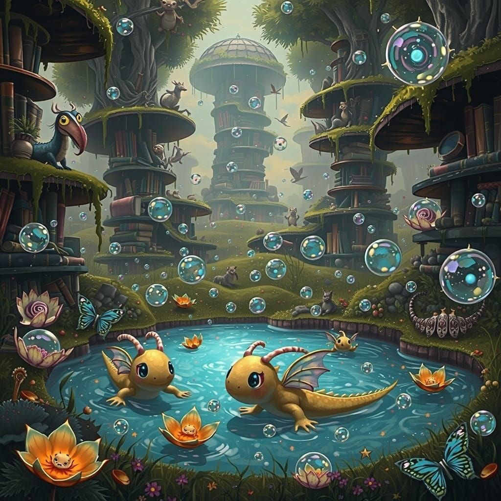Dreamlike Bookshelf Landscape with Whimsical Creatures and I...