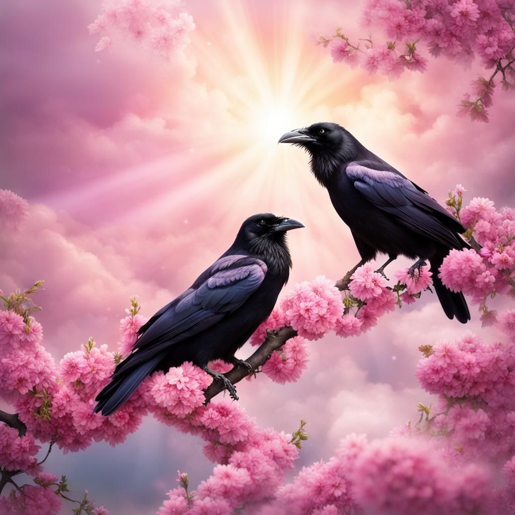 Ravens in Tree with Pink Flowers and Sunshine
