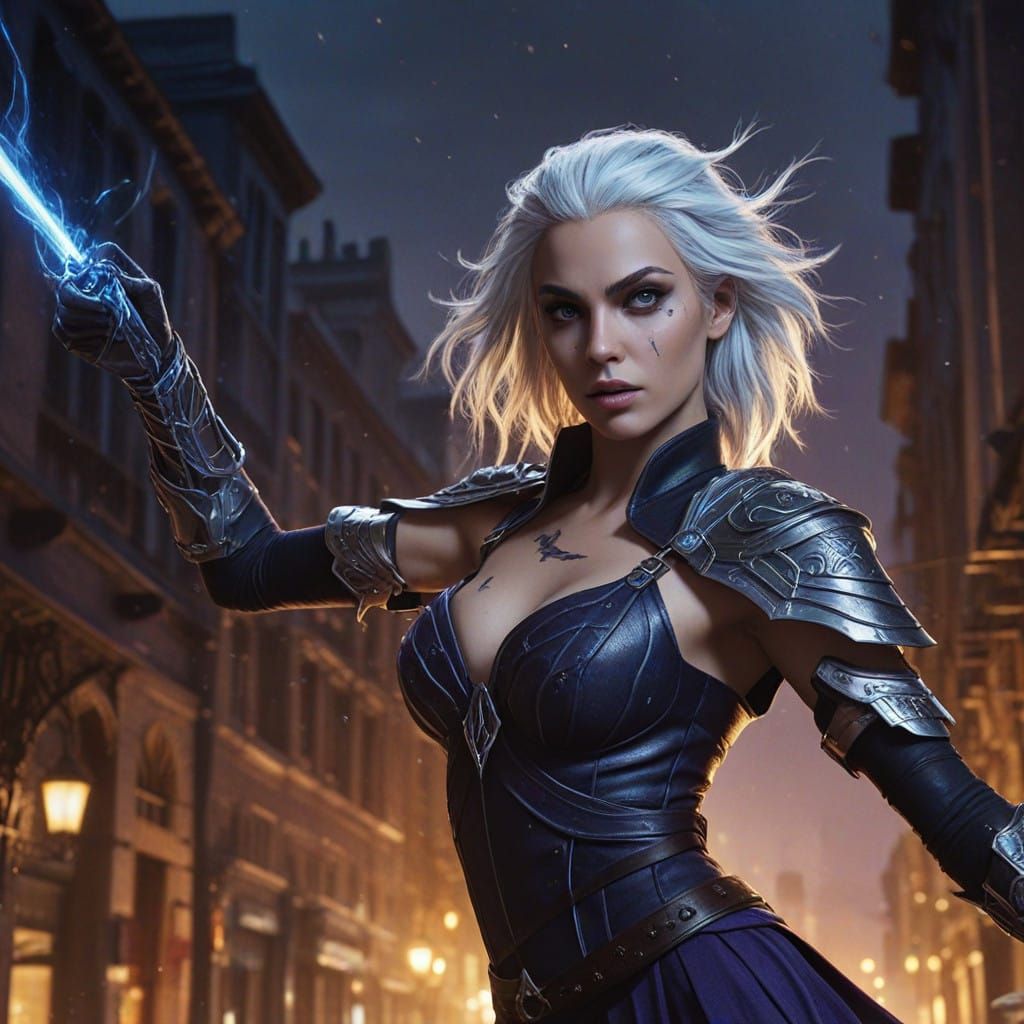 Dark Elf Warrior Engages Assassin in Shadowy City Square