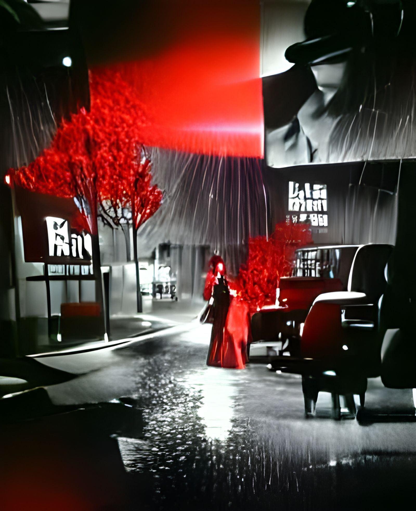 Dramatic Red Rain in Film Noir Style