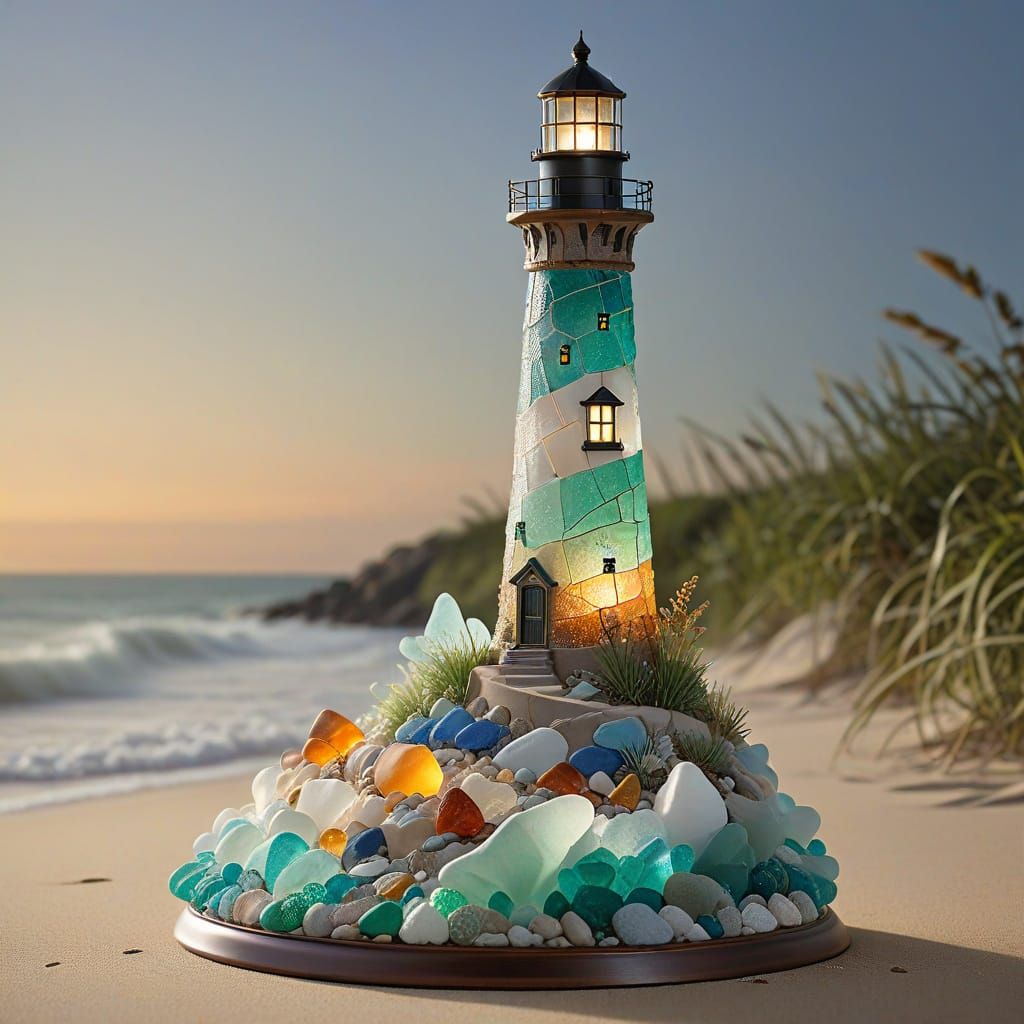 Sea glass sculpture. A majestic lighthouse constructed entir...