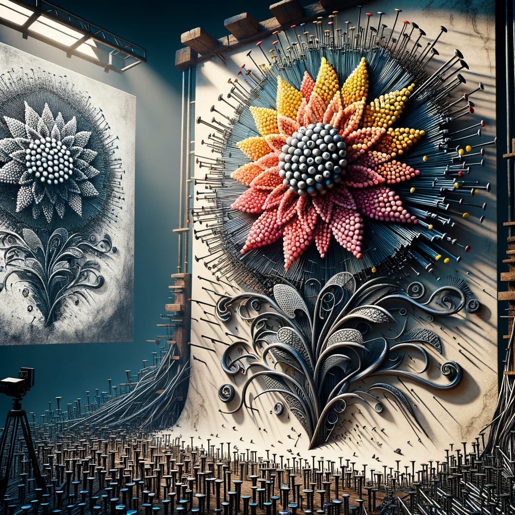 3D Digital Art: Flower Made of Nails and Screws