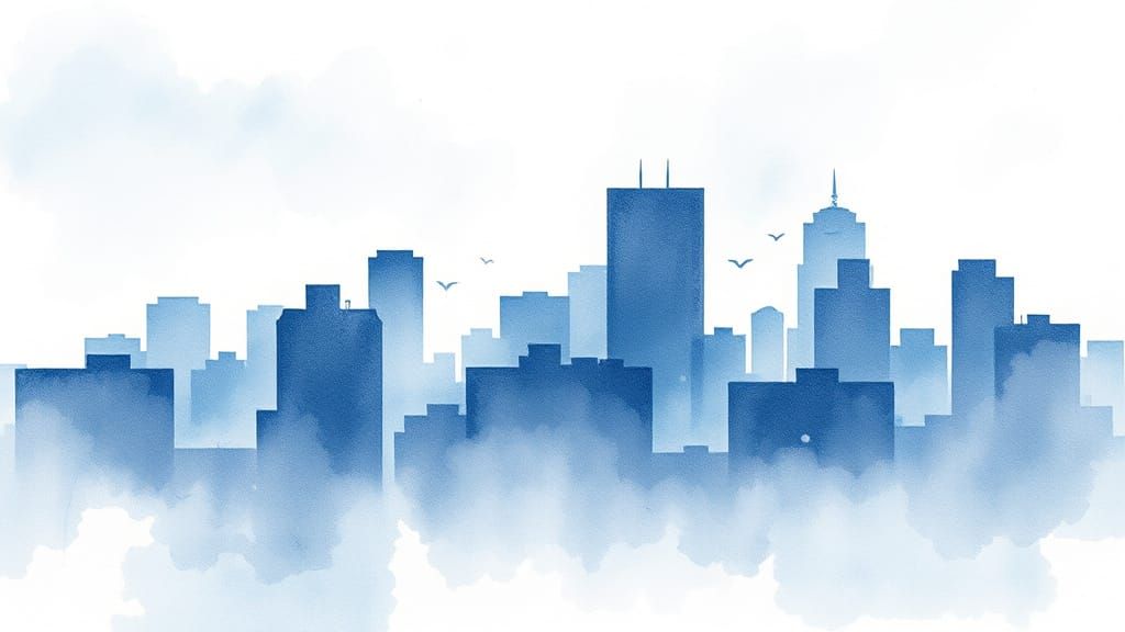 Watercolor Urban Dreamscape in Soft Blues and Greys