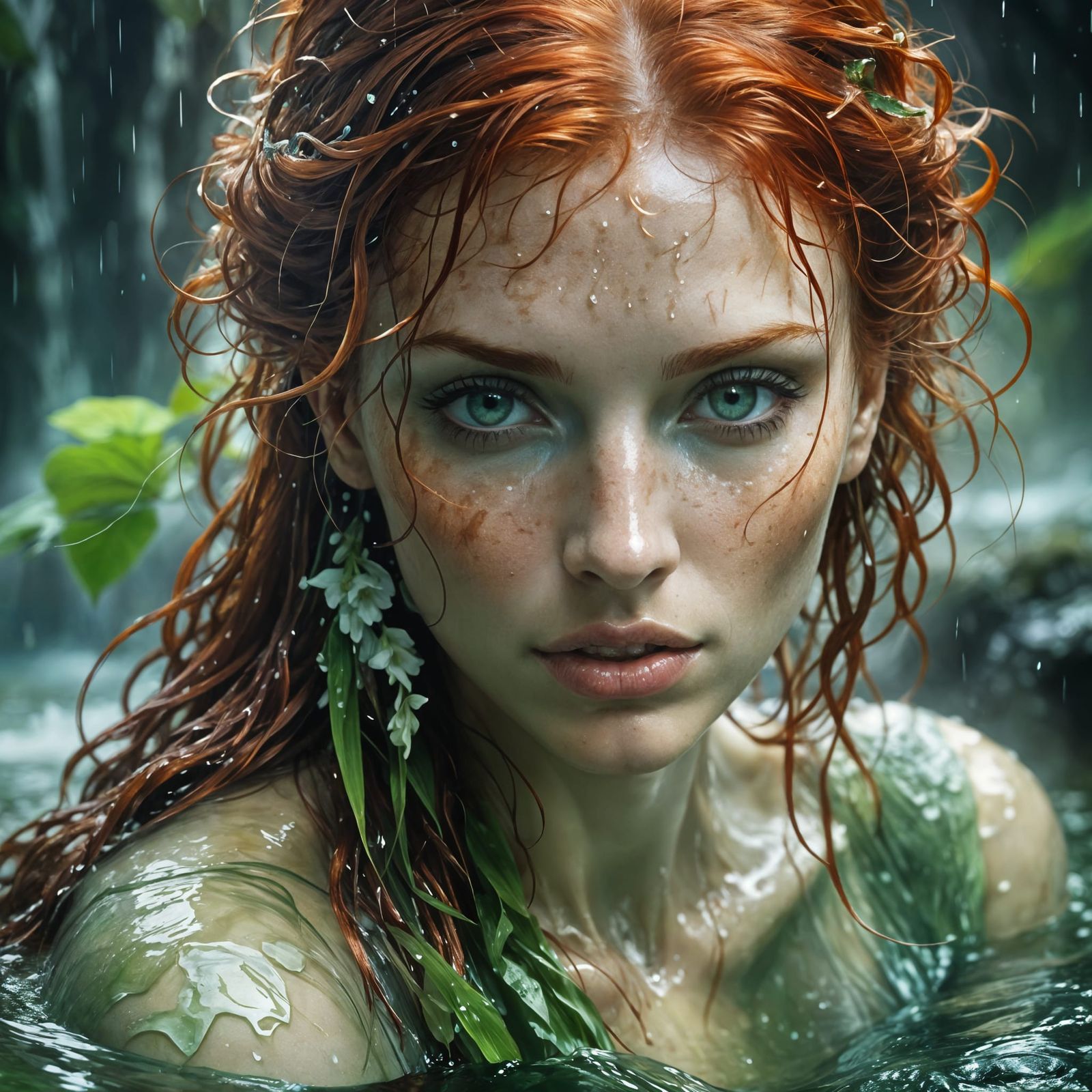 Elegant Redhead in Dark Fantasy Lagoon