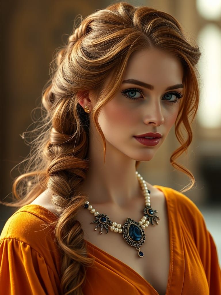 Sapphire-Eyed Beauty in Saffron Velvet Regalia