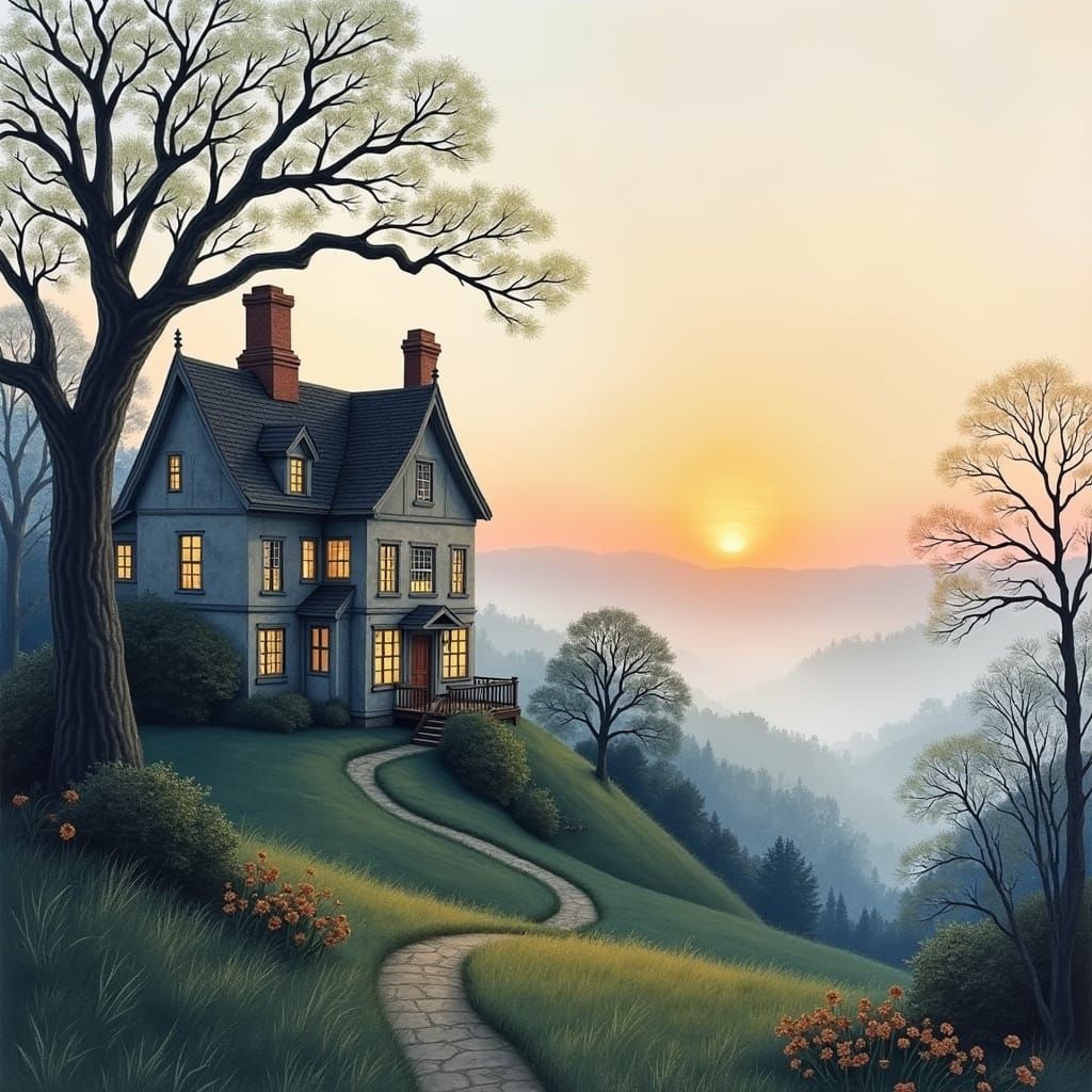 Misty Watercolor House on Nottingham Hill