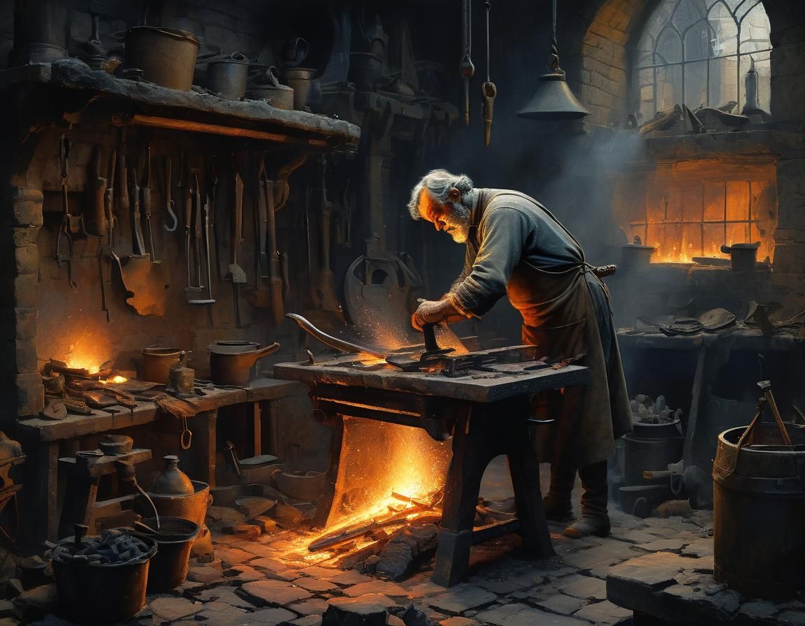 Blacksmith in Dimly Lit Forge, Watercolor Painting