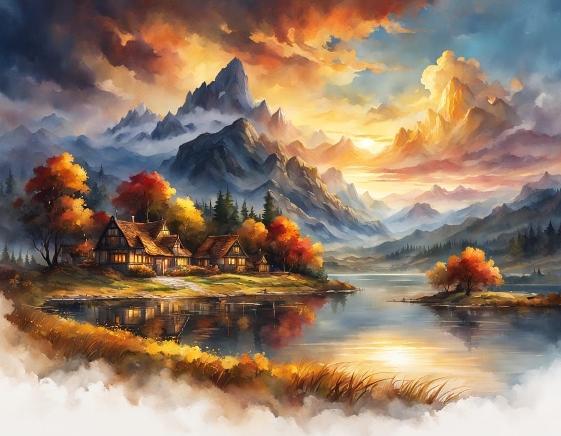Golden Hour Fantasy Landscape with Majestic Lake and Village