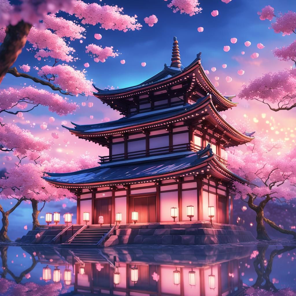 Cherry Blossom Temple in 3D Anime Art Style