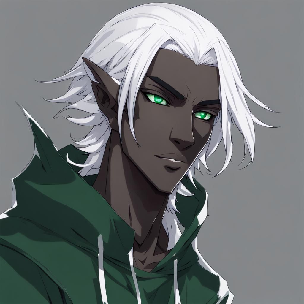 Drow Elf with Green Eyes in Anime Style