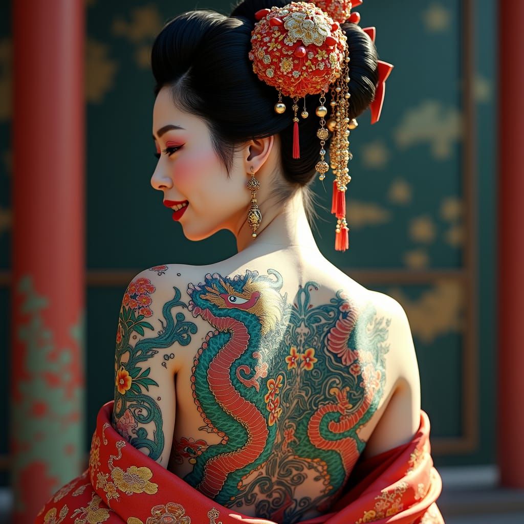 Tattooed Geisha with Serpents and Dragons in Digital Art