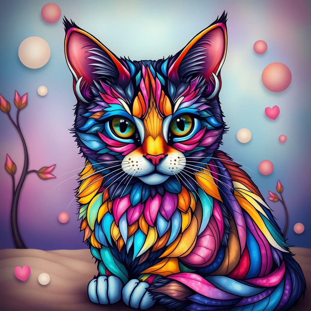 Vibrant Feline in Whimsical Stained Glass Environment