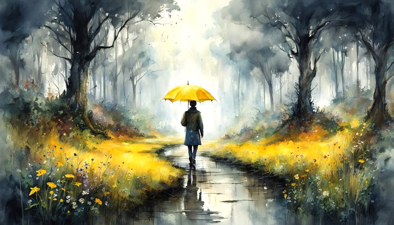 Rainy Forest Walker in Carne Griffiths Watercolor Style