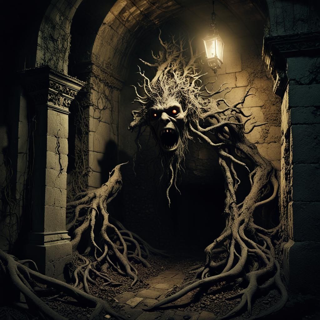 Grotesque Monster Emerging from Shadows in Dark Fantasy Styl...