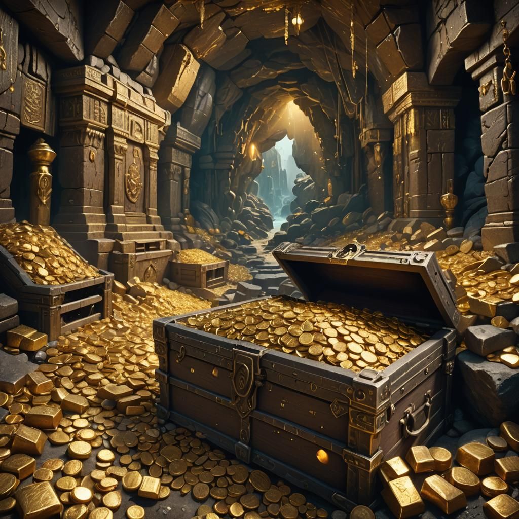 Overflowing Gold Treasure Chest in Mysterious Cave