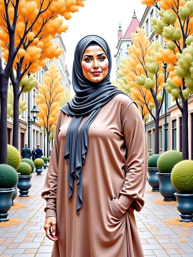 Serene Danish Woman in Hijab, Surrounded by Blooming Flowers