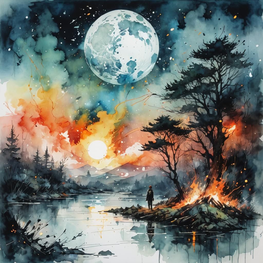 Glowing Fire in Watercolor and Metallic Ink