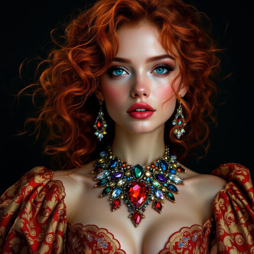 Vibrant Portrait of Woman in Brocade Gown, Art Nouveau Style