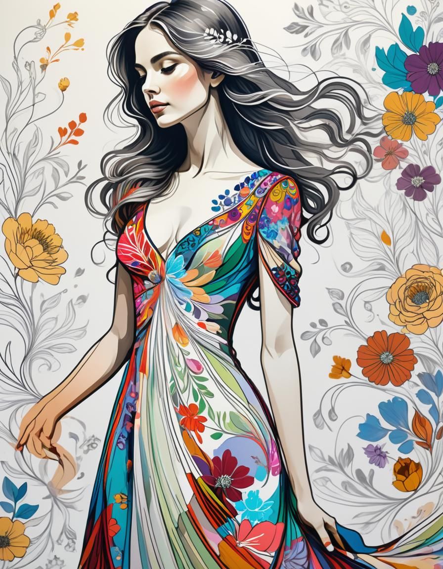 Woman in Floral Design: Detailed Line Drawing