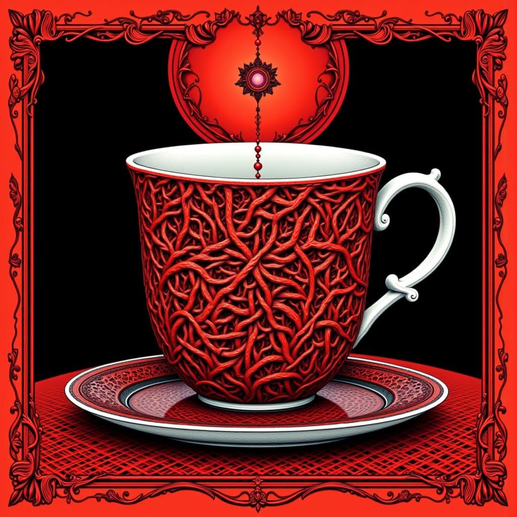 Escher Style Teacup in Red and Black