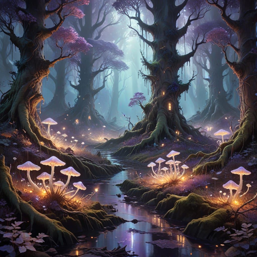 Mystical Forest with Crystal Trees and Glowing Roots