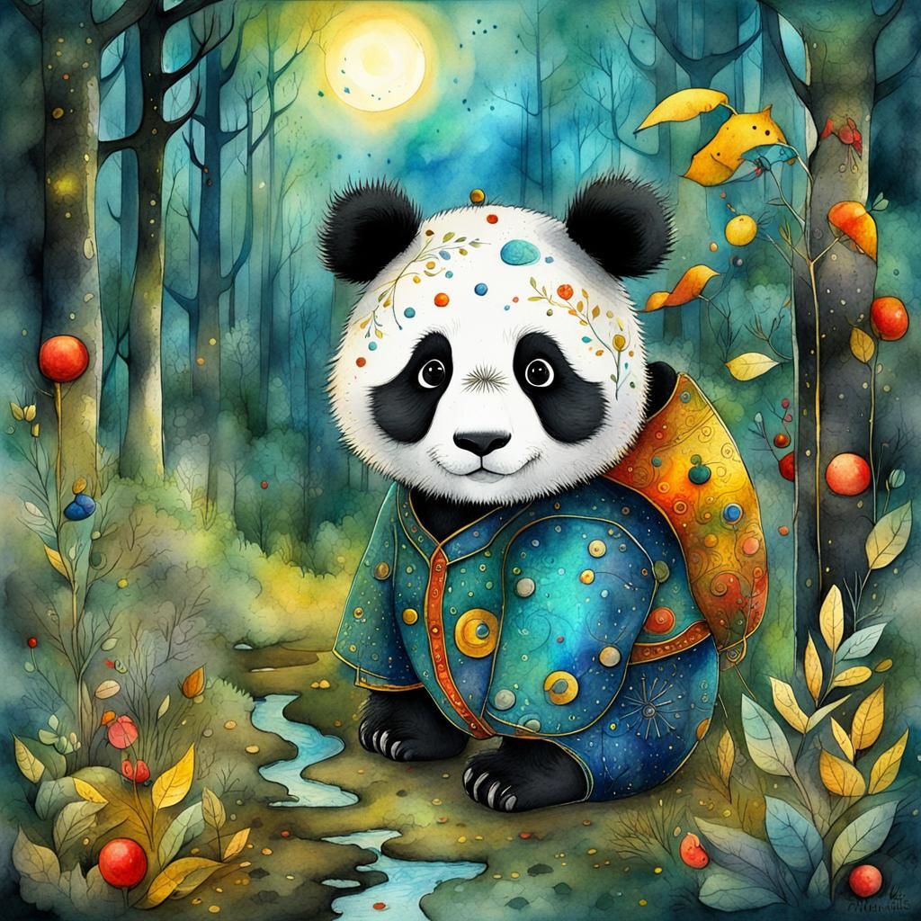 Panda in Forest: Watercolor, Ink, Surreal Art