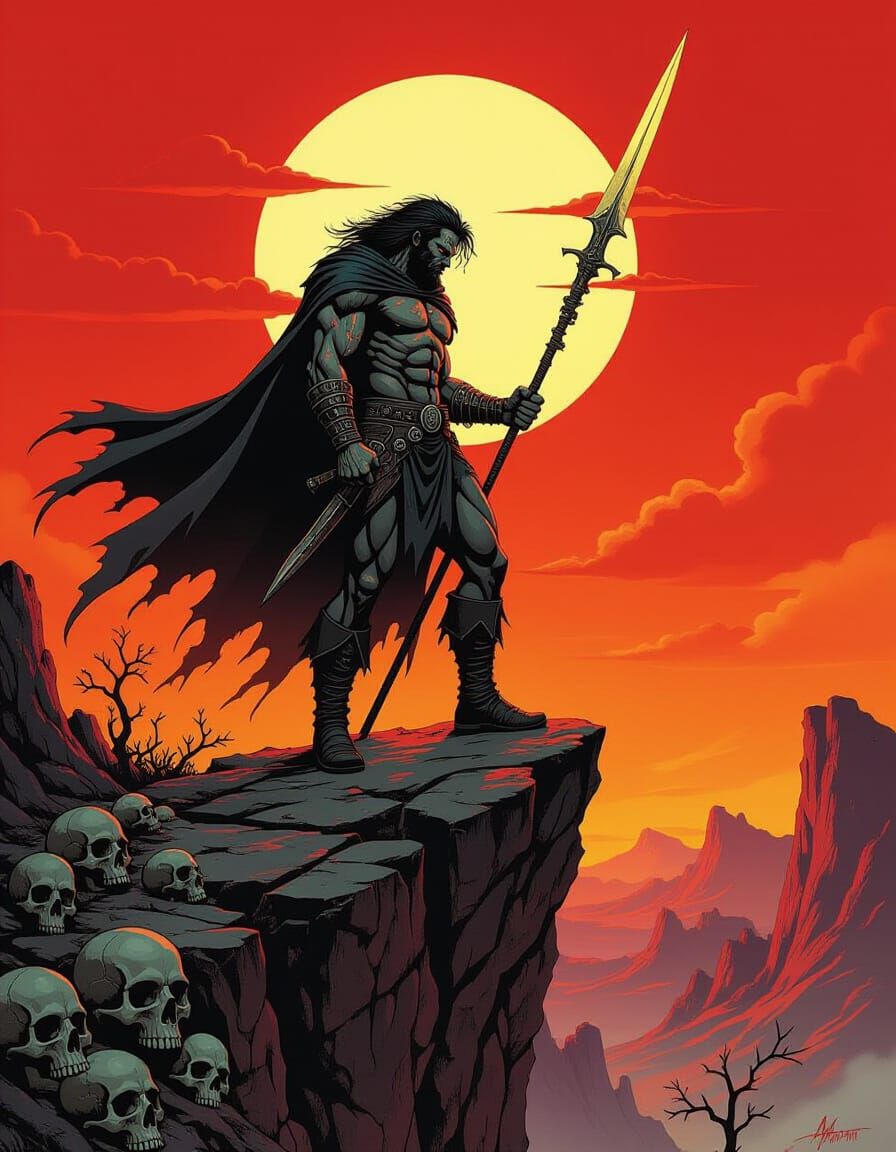 Post-Apocalyptic Nomad on Cliff in Painterly Style