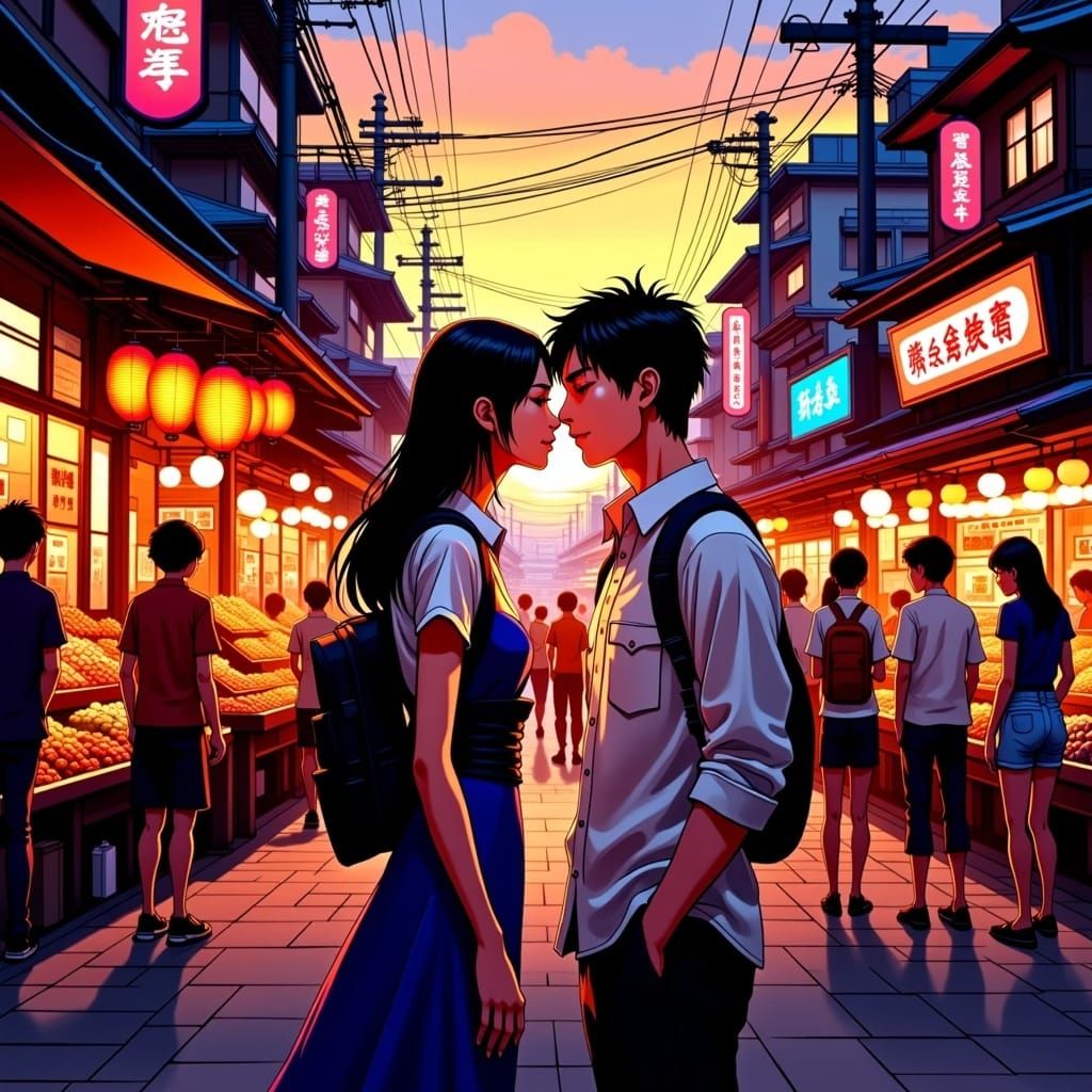 Epic Anime Artwork: Couple's Tender Kiss in Nagasaki