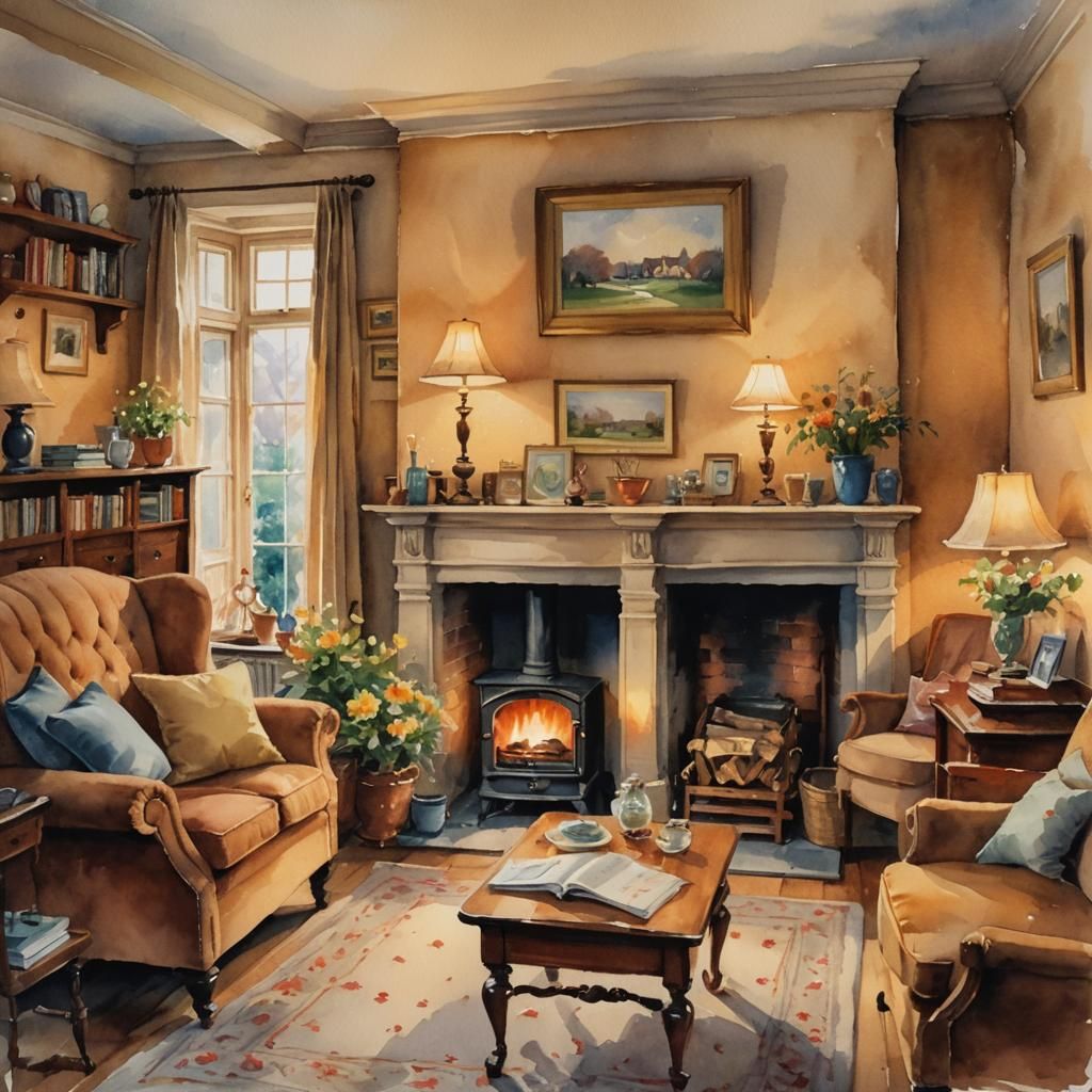 Cozy English Townhouse Interior in Watercolor Style
