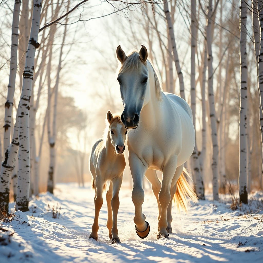 Elegant Horse and Foal Stroll in Snowy Forest Landscape