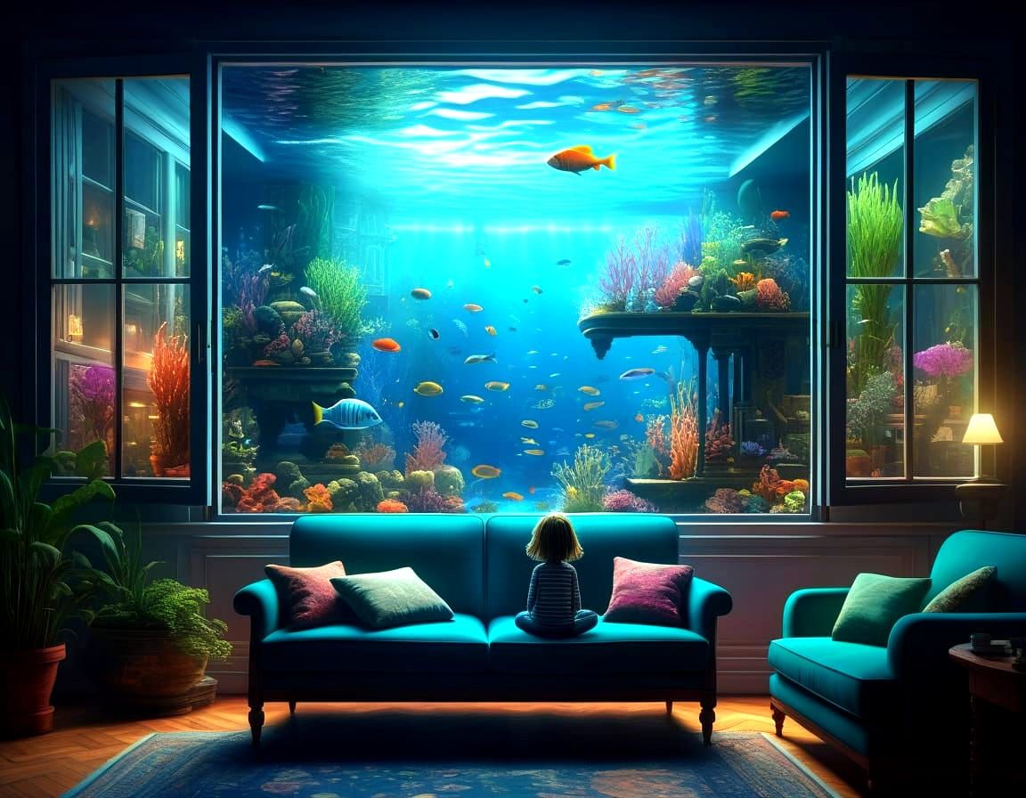 Underwater Room: A Girl, Cat, and Marine Vista