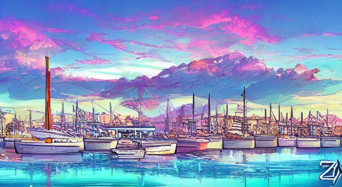 Cartoon Sunrise Over Harbor in Anime Style
