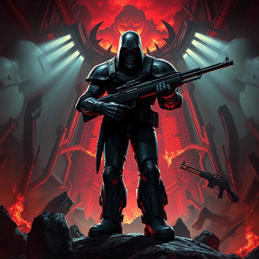 Doomguy in Hellish Industrial Gothic Landscape