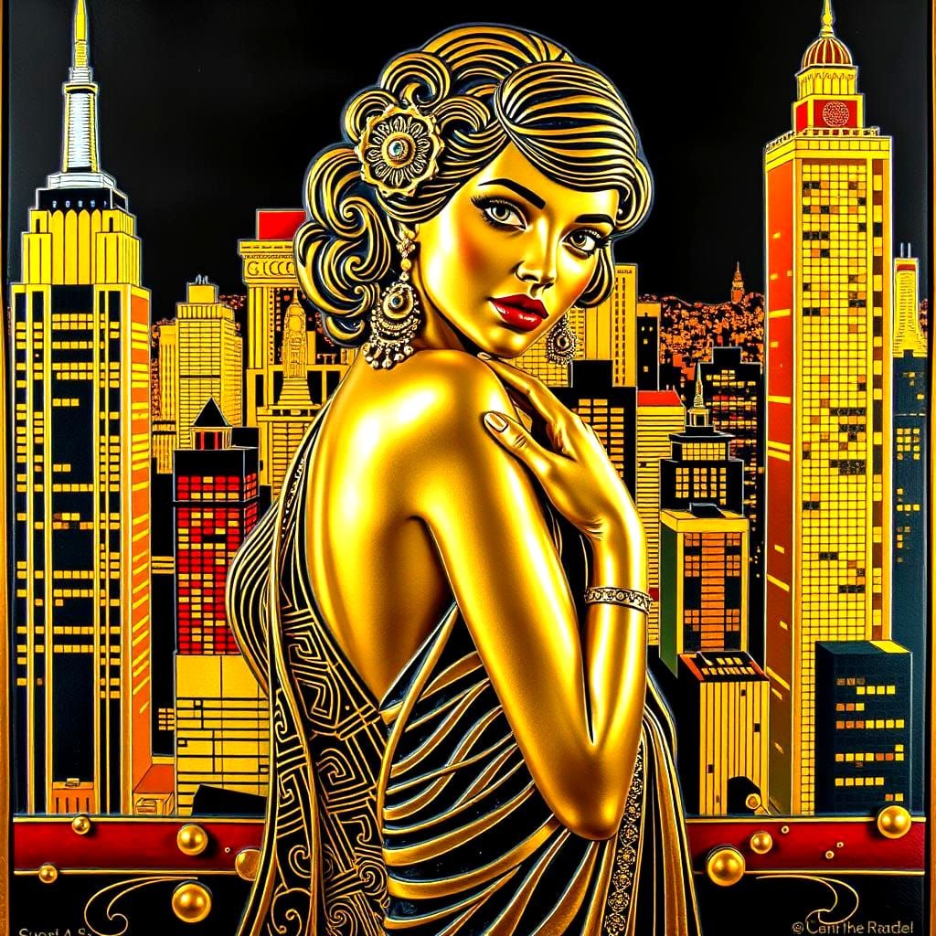Art Deco Golden Woman Sculpture at Night