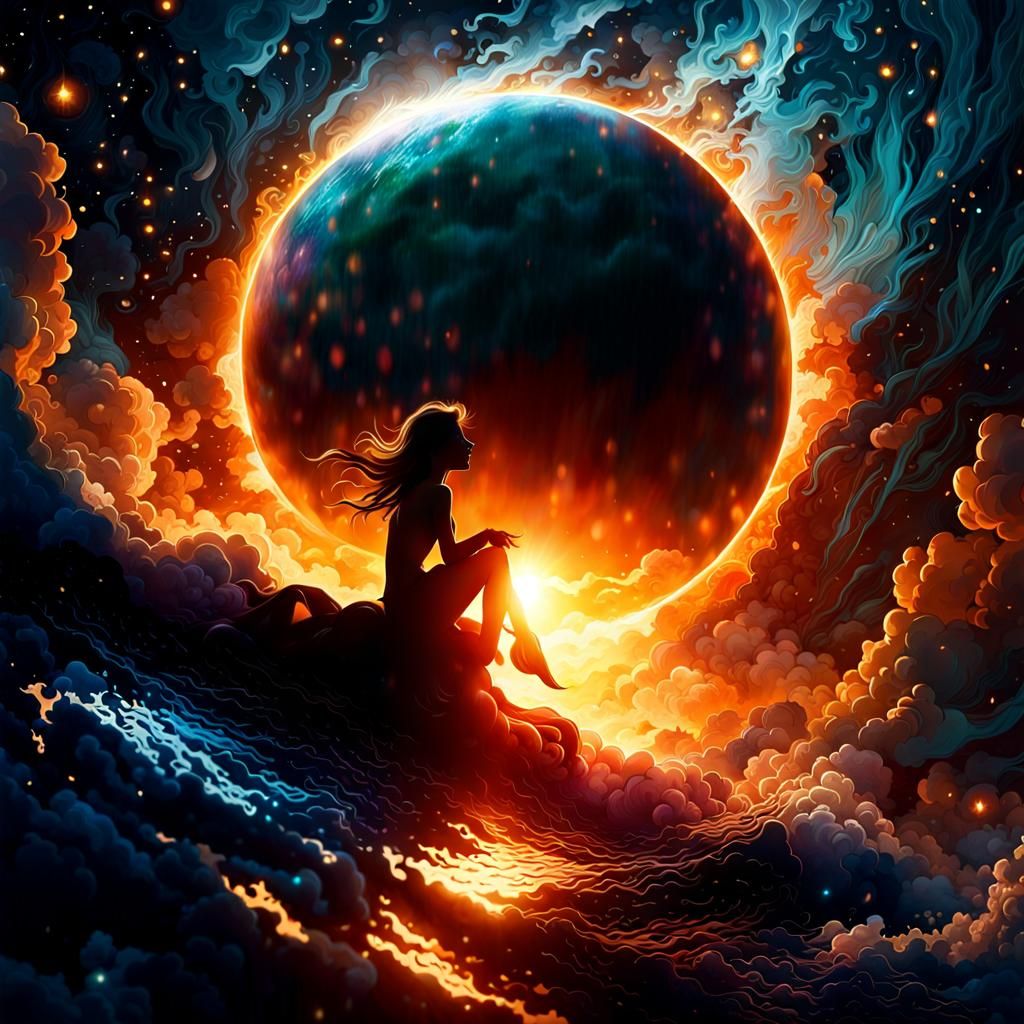 Girl on Eclipsed Sun over Tumultuous Sea