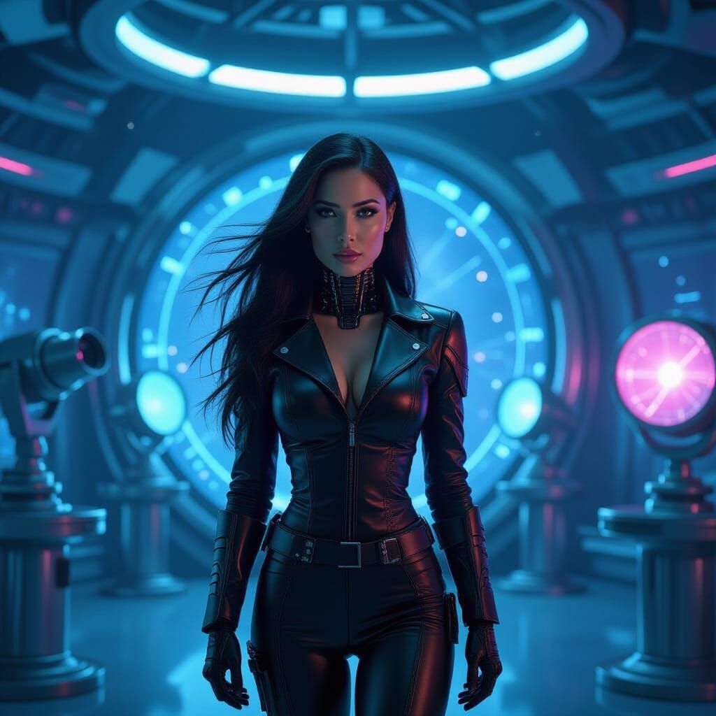 Cybernetic Woman in Futuristic Observatory, Cyberpunk Style