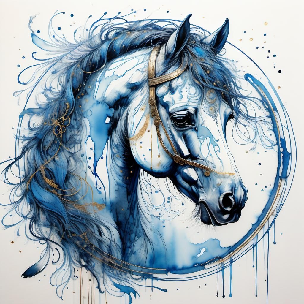 Whimsical Winter Horse Ink Drawing in Dreamy Style