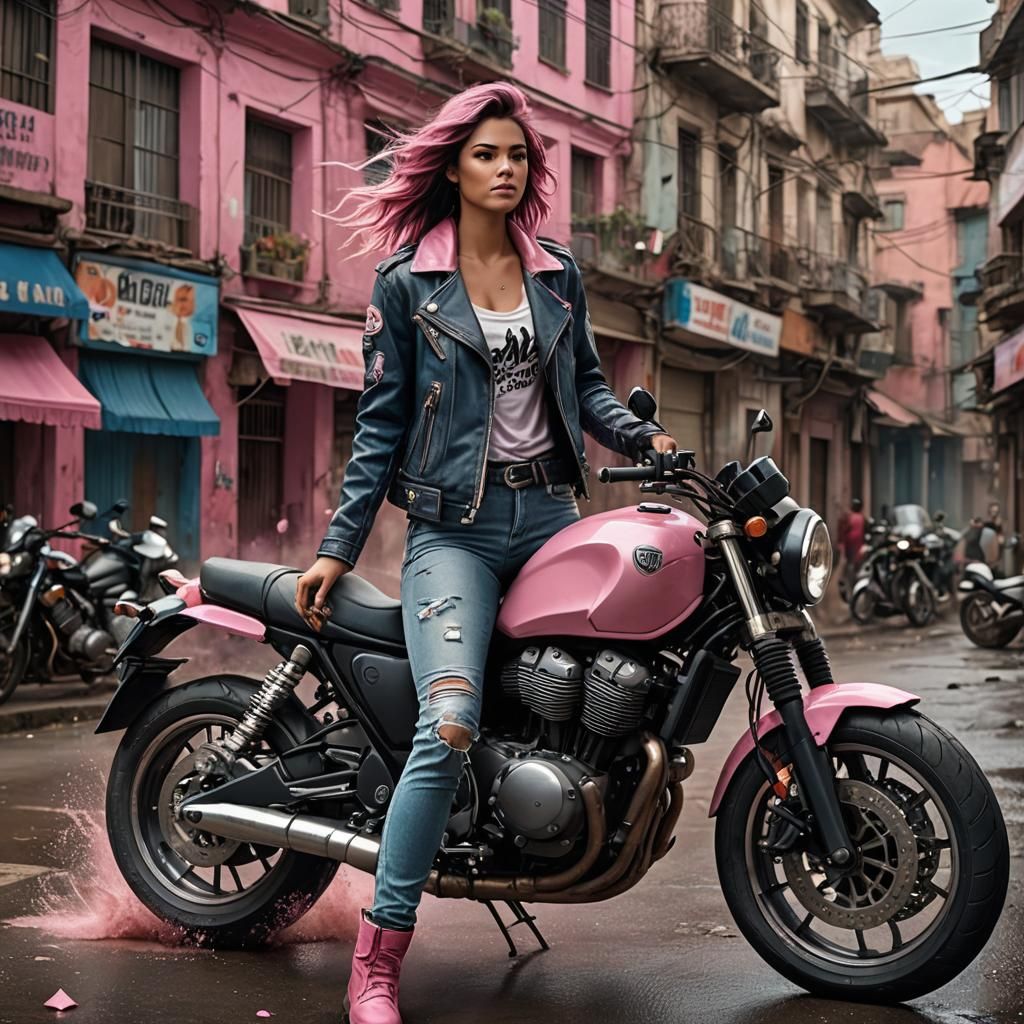 Biker Girl in City Street, Detailed Digital Art