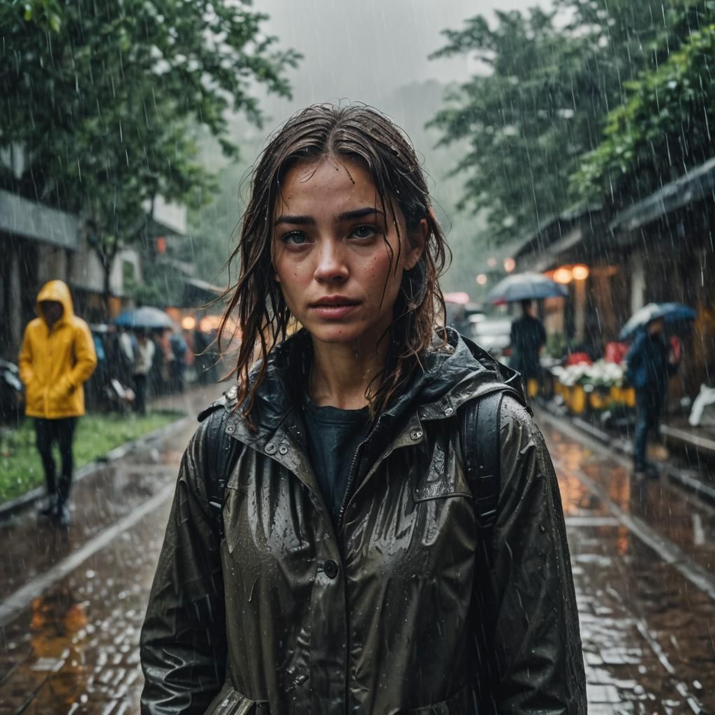 Cinematic Girl in Rain: Dramatic Film Still