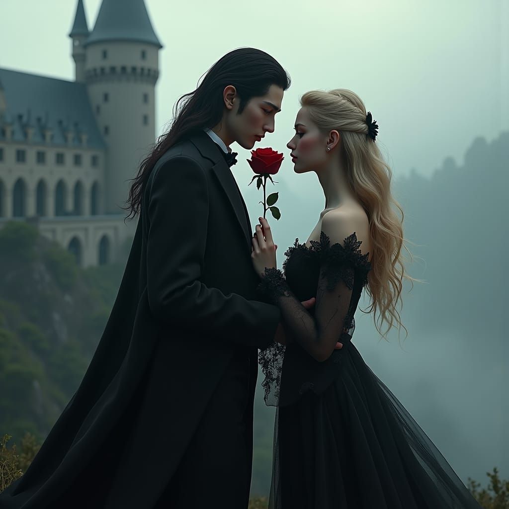 Korean Vampire with Rose, Gothic Castle Backdrop
