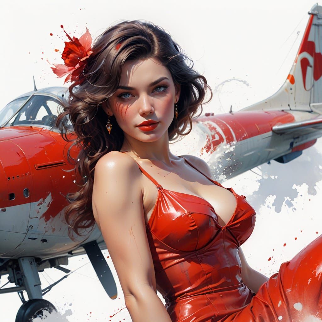 1940s Pinup Girl with Airplane, Watercolor Style