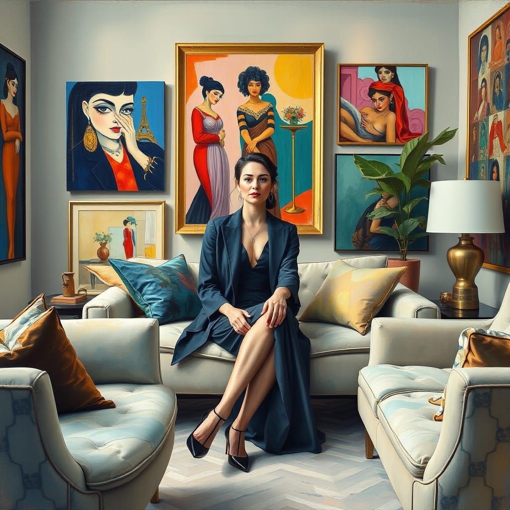 Elegant Woman in Impressionist Living Room with Paintings