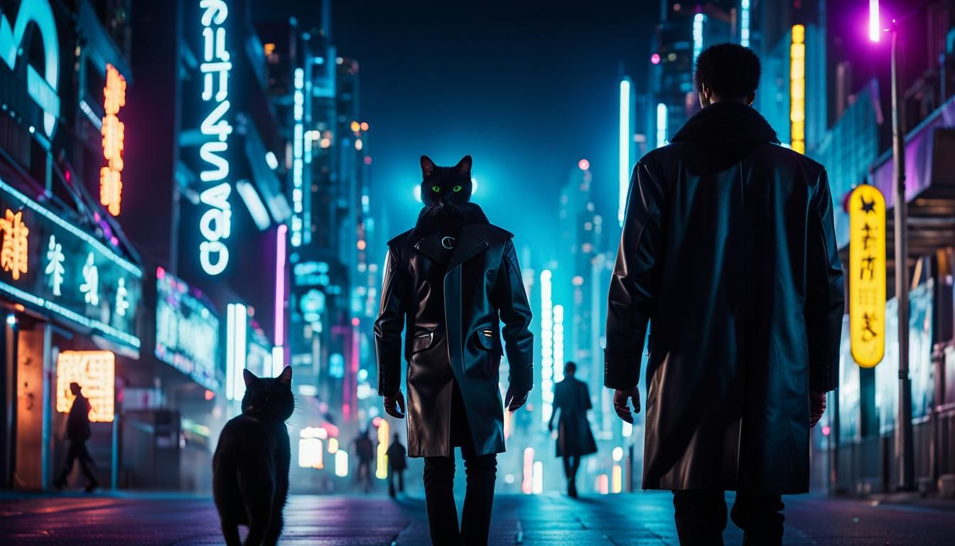 Black Cat Walking in Neon Lit Future City