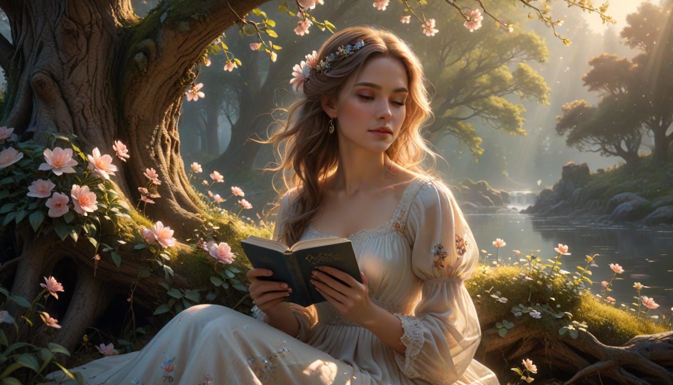 Woman with Book and Flower in Fantasy Art Style