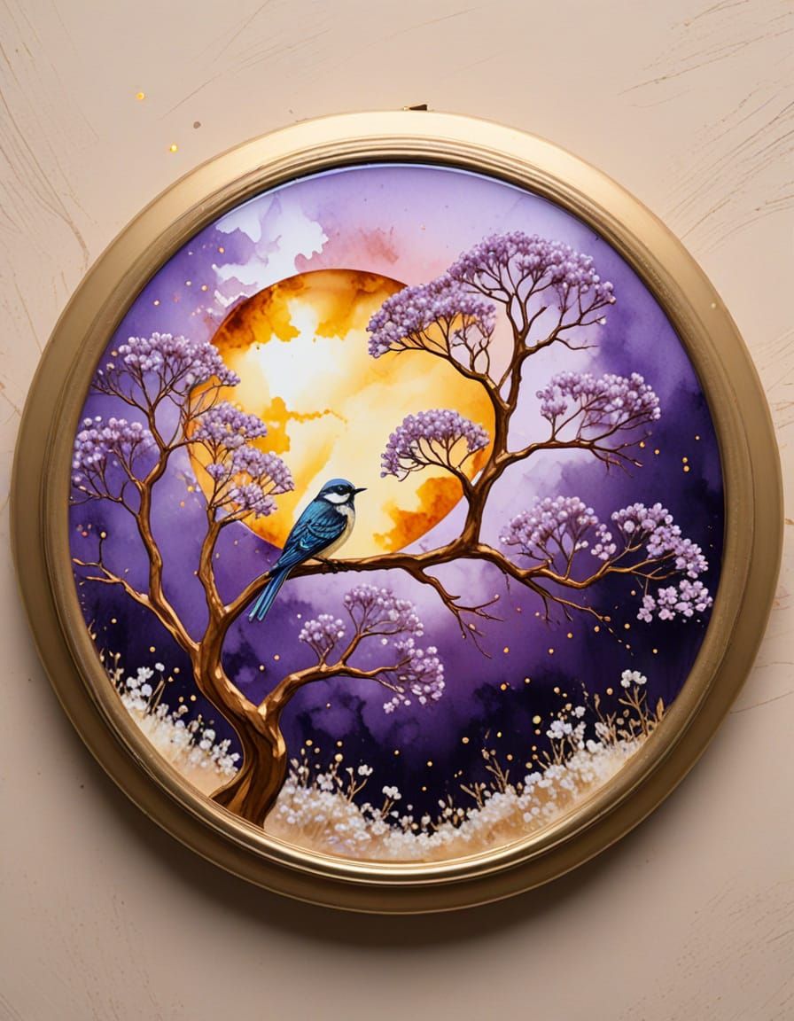 Amber Ink Circular Design with Floral and Tree Elements