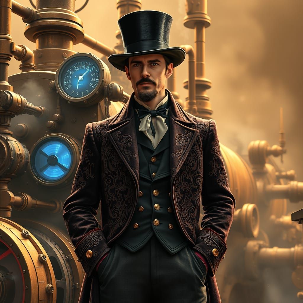 Elegant Gentleman Amidst Steampunk Machinery