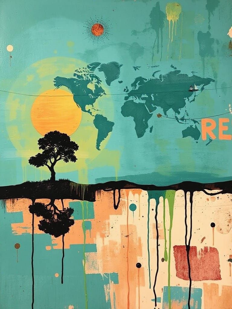 Abstract World Map Sunset with Lone Tree and Boat